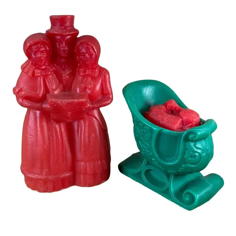 Vintage 70s AVON Holiday Lot (2) w/Red Wax Carolers & Green Sleigh Candles EUC
